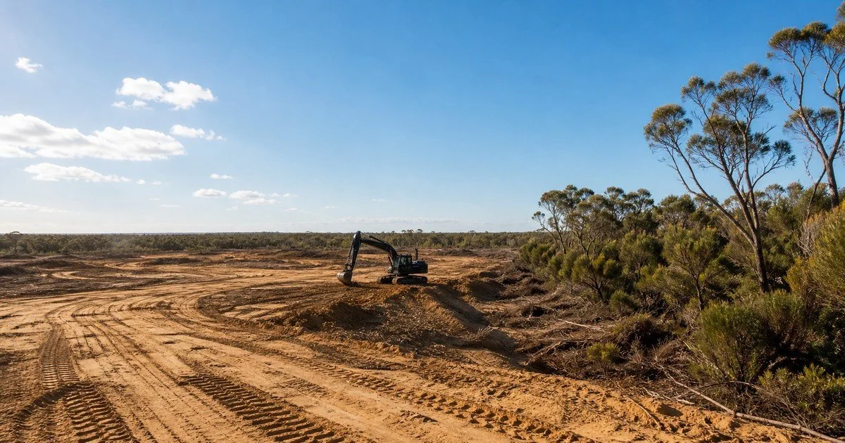 A partly cleared block on the Western Australian coastal plain with pale sandy soil, machine track marks and a black excavator working near retained scrub