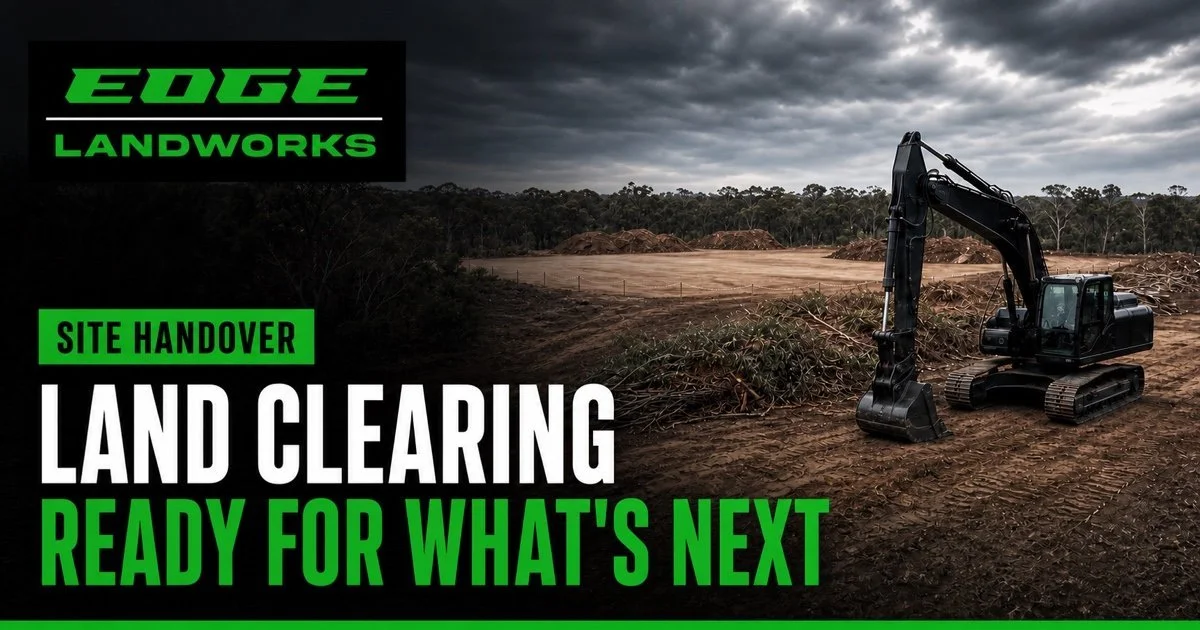 Edge Landworks site handover guide graphic with an excavator on a cleared rural site